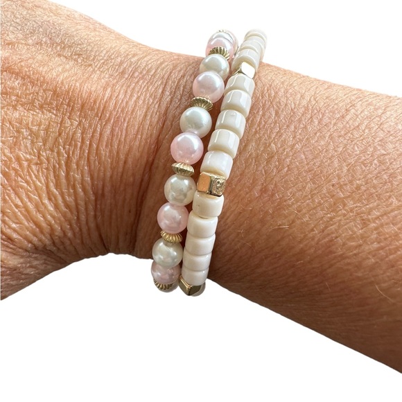 2 Piece Cream and Pink Beaded Stretch Bracelets - Picture 2 of 5